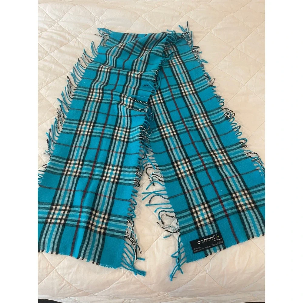 00048 V. Fraas Cashmink Teal‎ Plaid Scarf 9x58 Fringe Acrylic Made in Germany